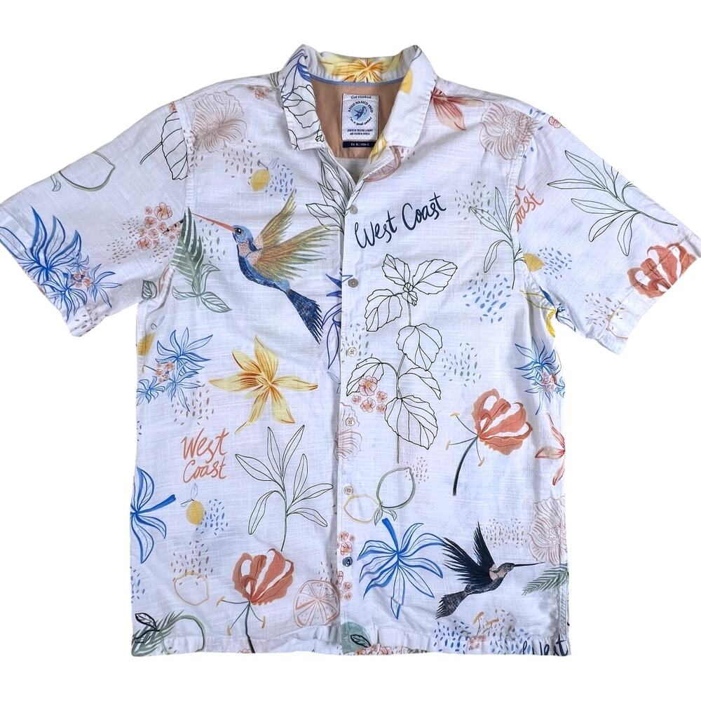 A Fish Named Fred Shirt L White Floral Bird Print Cotton Short Sleeve Button Up